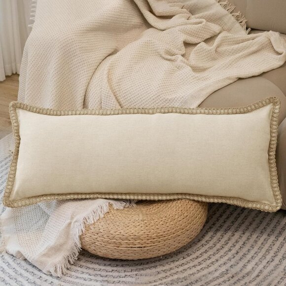 Burlap Linen Farmhouse Lumbar Pillow Cover 14 x 36 inch, Trimmed Tailored Edges - Picture 1 of 7